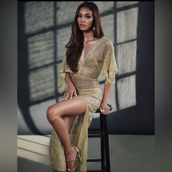 Long Gold Sparkling glitter gown transparent small handmade designer sample sale - Picture 2 of 3